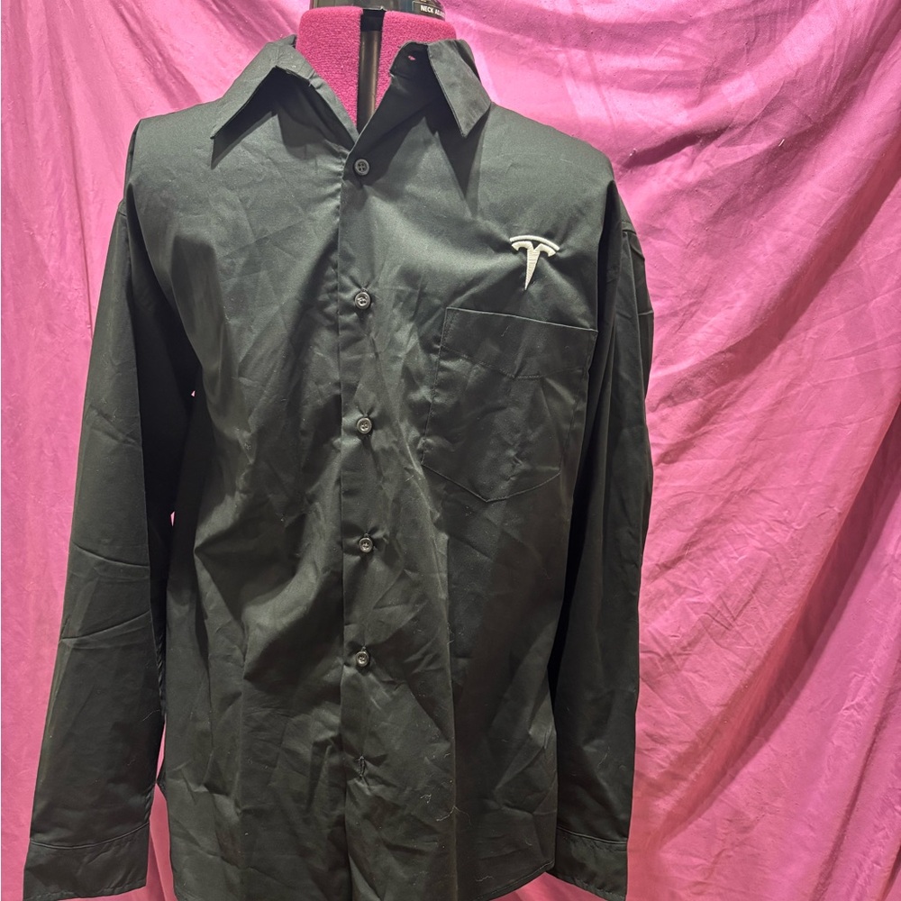 NWT TESLA Black Button Down Long Sleeve Shirt, Tesla Electric Car Logo, Elon
